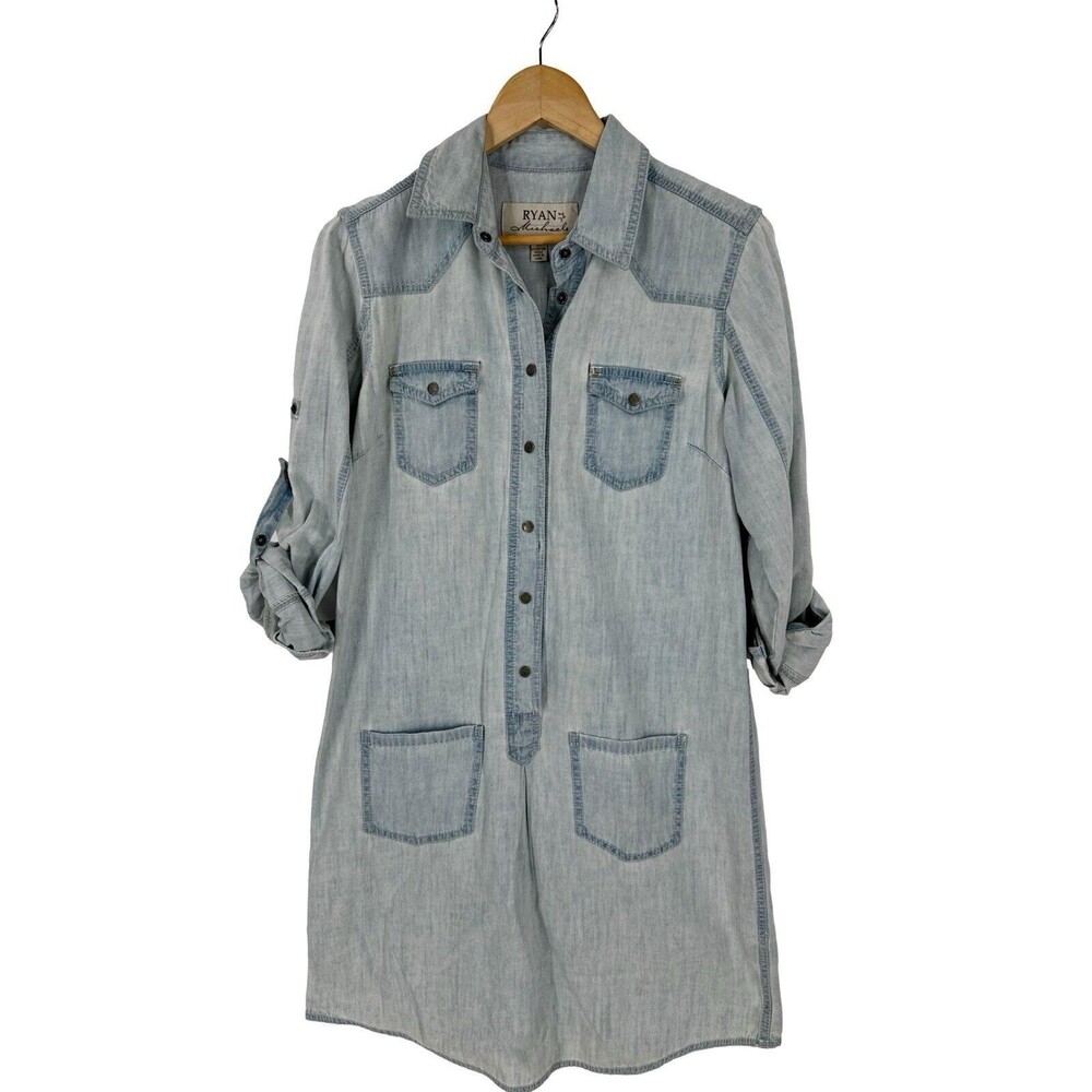 Ryan Michael Snap Up Chambray Denim Western Whipstitch Shirt-dress Light Wash M